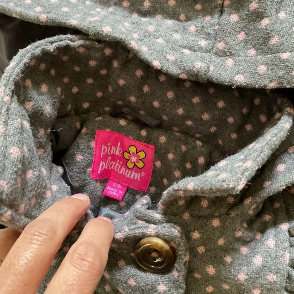 Pink Platinum Girls Grey Pink Polka Dot Hooded Peacoat Jacket Size 5/6